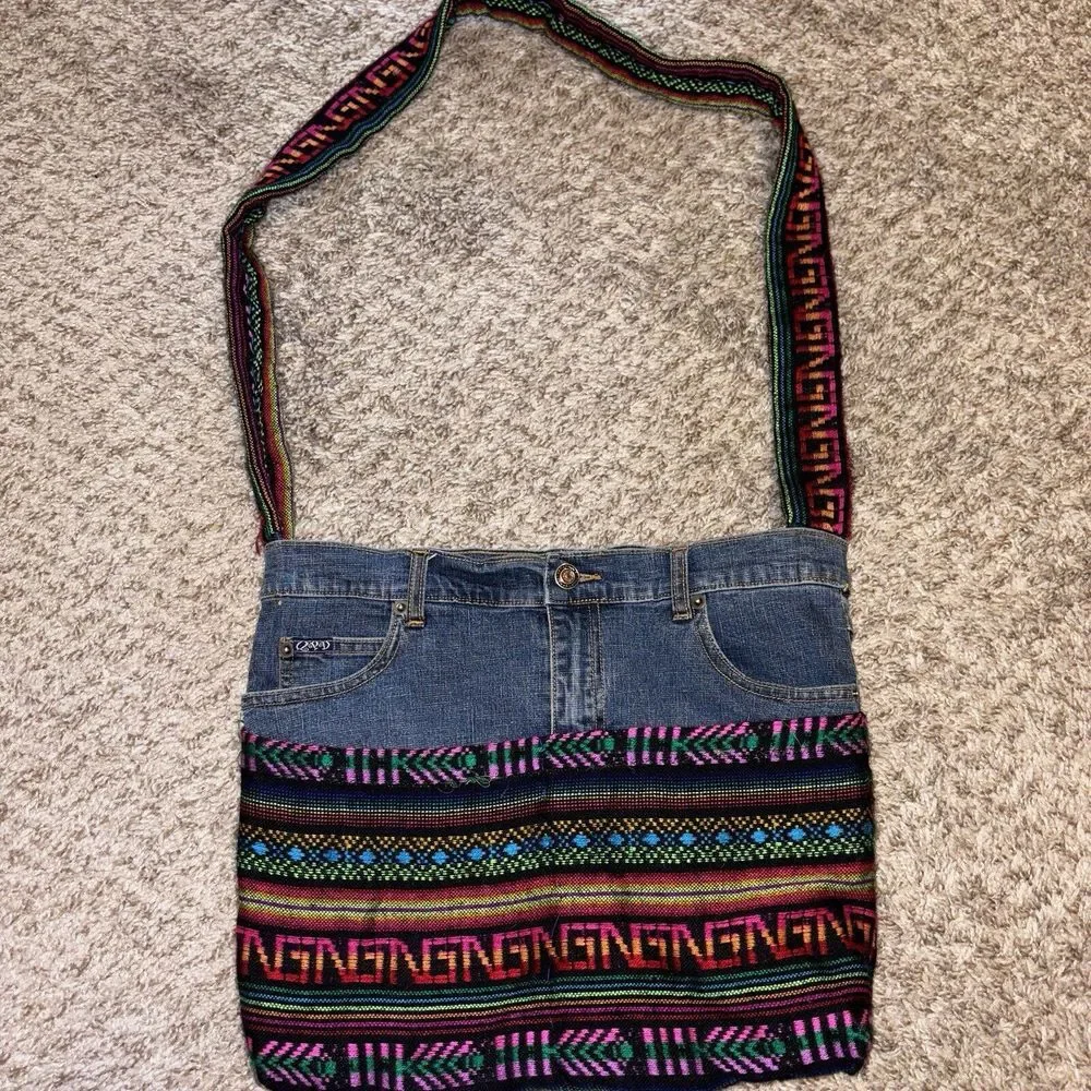 Upcycled Handmade Denim Jean Crossbody Hobo Bag Unique Boho Hippie Gypsy Clutter